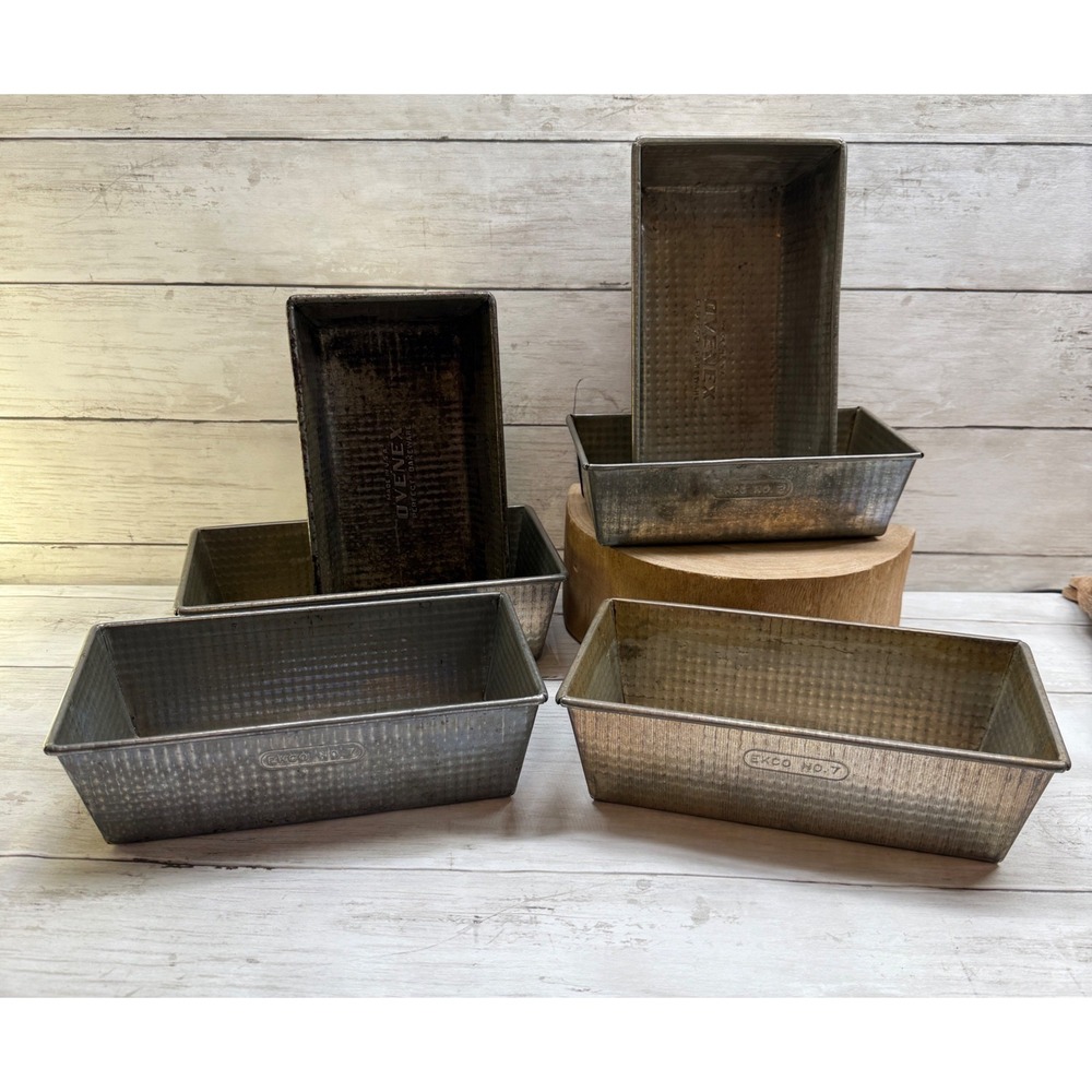 Vintage Ovenex Tin Loaf Pan Set 6pc Waffle Texture Ekco No 7 No 2 Silver Rust